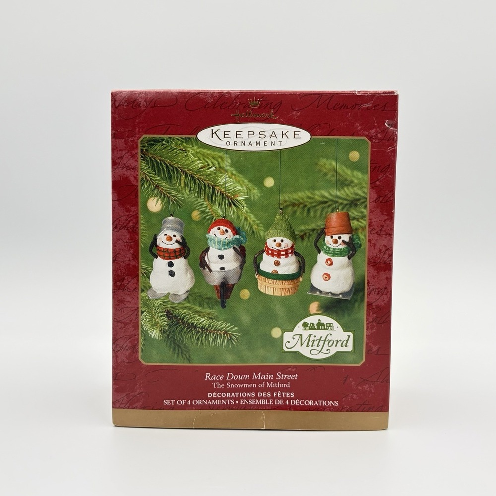 2000 Hallmark Snowmen of Mitford Race Down Main Street Ornaments Set 4 VTG New